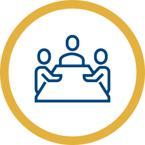 Icon of three figures at a table, symbolizing client-focused guidance and growth