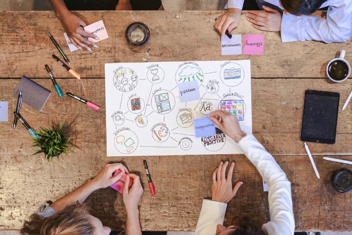 Marketing team brainstorming ideas for a strategic marketing plan, with colorful notes and sketches on a wooden table