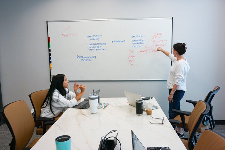 NLT team members brainstorming and discussing marketing strategies at a whiteboard in a conference room