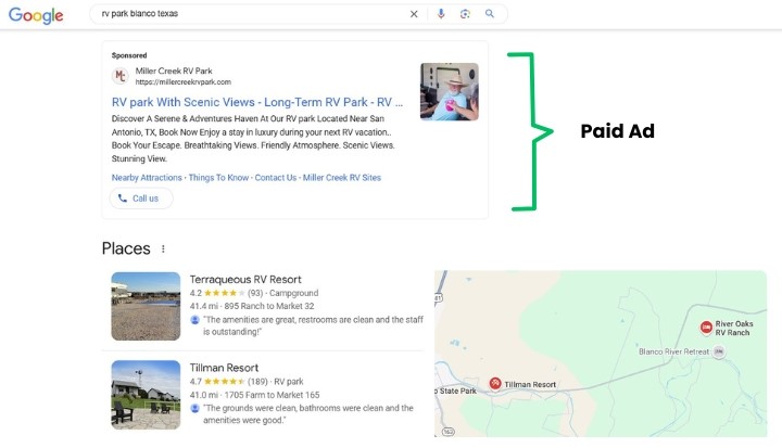 Screenshot of Google SERPs showing a sponsored ad and local map listings for RV parks in Blanco, Texas