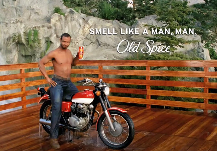 Iconic Old Spice commercial featuring a man on a motorcycle with the tagline 'Smell Like a Man, Man,'