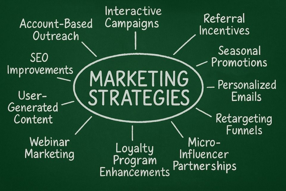 Chalkboard-style diagram showing key marketing strategies like SEO improvements, retargeting funnels, and influencer partnerships