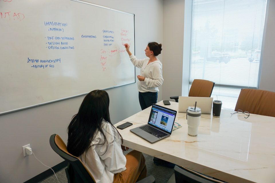 Two branding experts from NextLevel Thinking discuss strategy at a whiteboard during a planning session